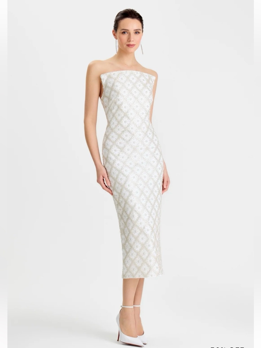 NADINE MERABI White Strapless Beaded Midi Dress